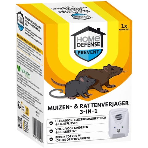 KB Home Defense Muizen- en Rattenverjager 220 m2 Ultrasoon, Elektromagnetisch en Lichtflitsen