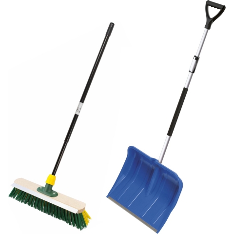 Sneeuwschep blauw telescopisch 120 - 160 cm + harde bezem telescopisch 80 - 130 cm -