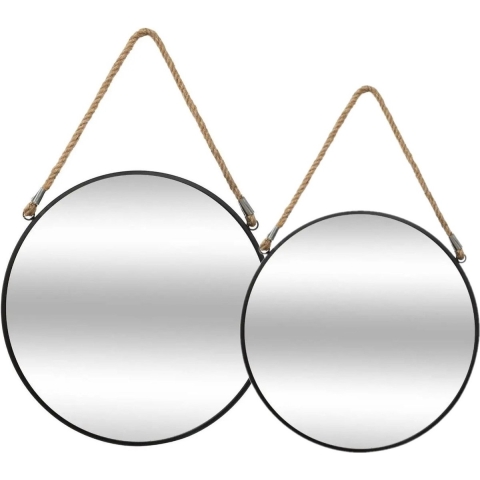Set van 2x spiegels/wandspiegels rond metaal zwart met touw -