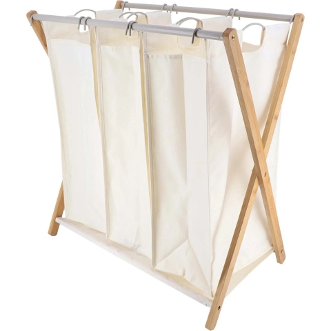 Wasmand met 3 compartimenten - bamboe hout - wit - inklapbaar - was sorteren -