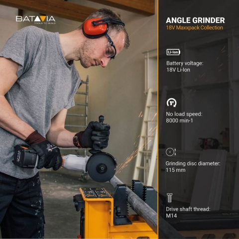 Batavia Accu 18V   Haakse slijperØ 115m Incl. 2.0 Ah Li-ion Accu / 4.0 Ah Oplader Maxxpack