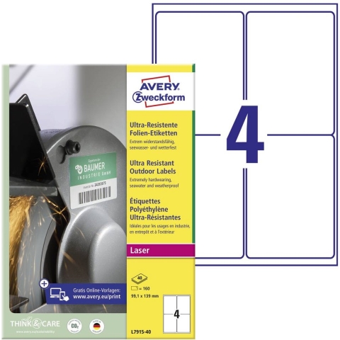 Avery-Zweckform L7915-40 Universele etiketten 99.1 x 139 mm Polyethyleen folie Wit 160 stuk(s) Permanent hechtend Laser (kleur), Laser (zwart/wit)
