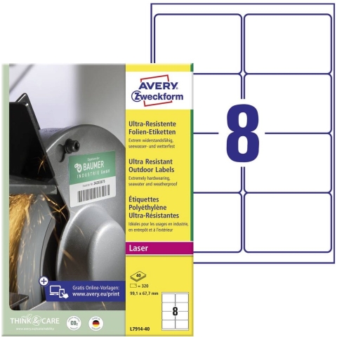 Avery-Zweckform L7914-40 Folie-etiketten 99.1 x 67.7 mm Polyethyleen folie Wit 320 stuk(s) Permanent hechtend Laser (kleur), Laser (zwart/wit), Kopiëren