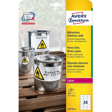 Avery-Zweckform L4718-20 Folie-etiketten 70 x 37 mm Polyester folie Wit 480 stuk(s) Permanent hechtend Laser (kleur), Laser (zwart/wit), Kopiëren (kleur),