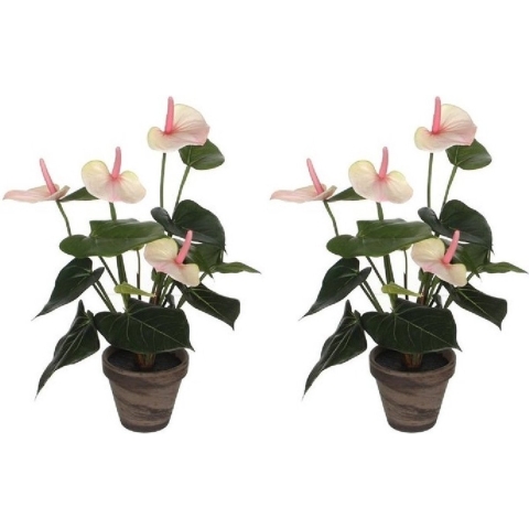 2x Kunstplanten Anthurium licht roze in grijze pot 40 cm -