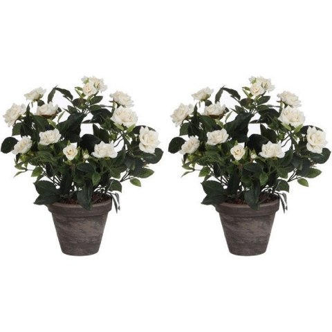 2x Witte rozen kunstplanten 33 cm in pot -