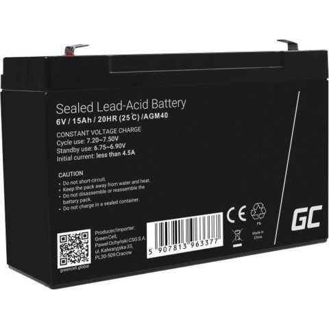 Green Cell Loodaccu 6 V 15 Ah Loodvlies (AGM) (b x h x d) 151 x 100 x 94 mm Kabelschoen 6.35 mm Cyclusbestendig, Onderhoudsvrij