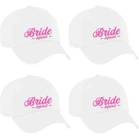 Vrijgezellenfeest pet voor dames - 4x - Bride Squad - wit - roze glitters - bruiloft/trouwen -