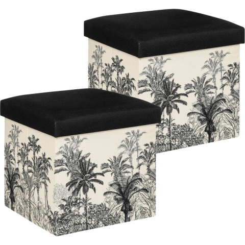 Poef/krukje/hocker Palmtrees - 2x - Opvouwbare zit opslag box - creme wit/zwart - D39 x H39 cm -