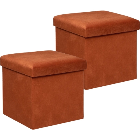 Poef/krukje/hocker Amber - 2x - Opvouwbare zit opslag box - fluweel Terracotta - D38 x H38 cm -