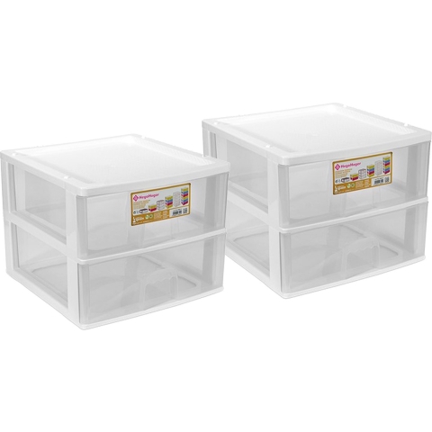 Ladeblokje/bureau organizer 2x grote lades - wit/transparant - L38 x B38 x H30 cm - kunststof -