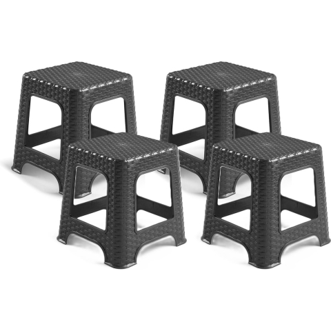 Plasticforte zit/bijzet krukje - 4x - Rotan line - zwart - kunststof - 32 x 32 x 30 cm - kinder kruk -