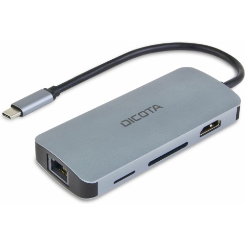 Dicota D32062 USB-C (USB 3.2 Gen 2) multiport hub 8 poorten Met aluminium behuizing, Met ingebouwde netwerkaansluiting, Met ingebouwde SD-kaartlezer, Met USB-C