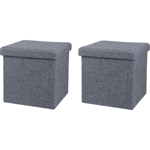 Poef/hocker - 2x - opbergbox zit krukje - grijs - linnen/mdf - 37 x 37 cm - opvouwbaar -