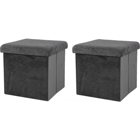 Poef/hocker - 2x - opbergbox zit krukje - velvet donkergrijs - polyester/mdf - 38 x 38 cm - opvouwba -