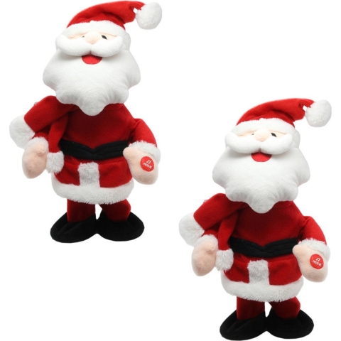 2x stuks kerstman knuffel poppen dansend 30 cm bewegende kerstfiguren/kerstpoppen -