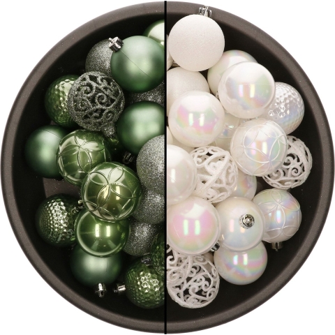 74x stuks kunststof kerstballen mix salie groen en parelmoer wit 6 cm -