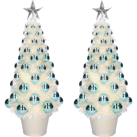 2x stuks complete mini kunst kerstbomen / kunstbomen blauw met lichtjes 40 cm -