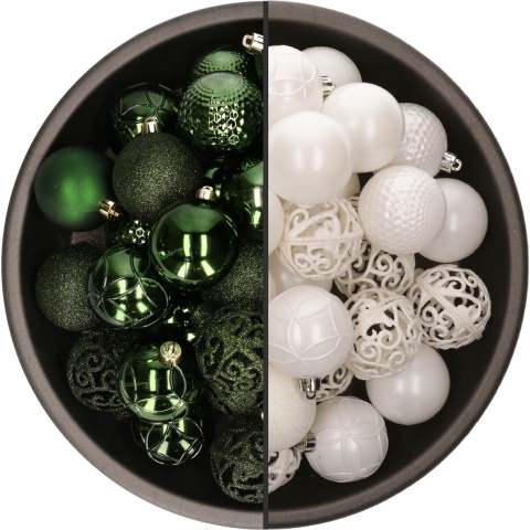 74x stuks kunststof kerstballen mix van wit en donkergroen 6 cm -