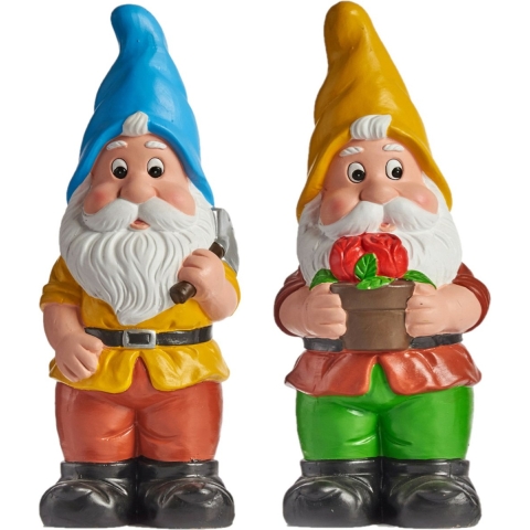 Tuinkabouter beeldjes set van 2x - Keramiek - 50 cm - geel/blauw -