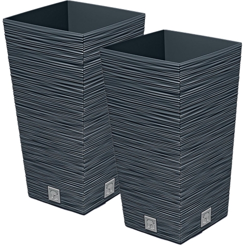 Plantenpot/bloempot Furu Stripes - 2x - voor buiten - kunststof - antraciet - vierkant - D24 x H45 c -
