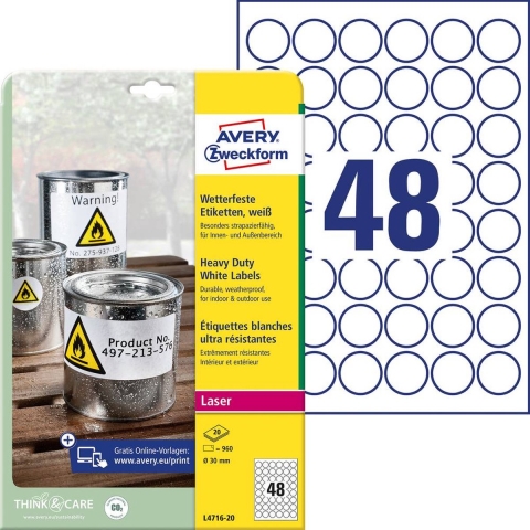 Avery-Zweckform L4716-20 Folie-etiketten Ø 30 mm Polyester folie Wit 960 stuk(s) Permanent hechtend Laser (kleur), Laser (zwart/wit), Kopiëren (kleur),