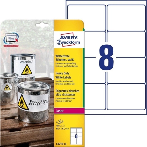Avery-Zweckform L4715-20 Folie-etiketten 67.7 x 99.1 mm Polyester folie Wit 160 stuk(s) Permanent hechtend Laser (kleur), Laser (zwart/wit), Kopiëren (kleur),