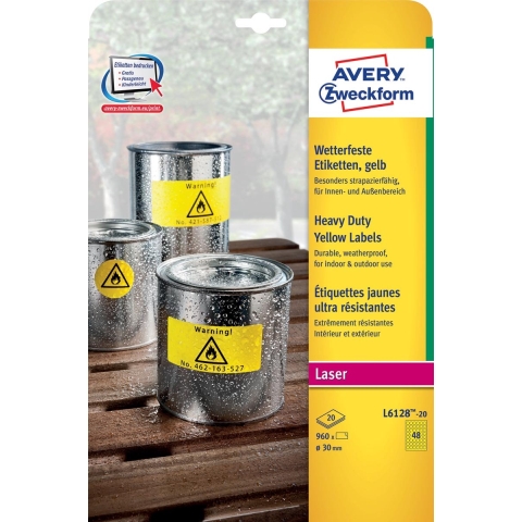 Avery-Zweckform L6128-20 Folie-etiketten Ø 30 mm Polyester folie Geel 960 stuk(s) Permanent hechtend Laser (kleur), Laser (zwart/wit), Kopiëren (kleur),
