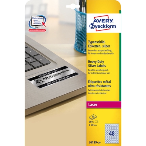 Avery-Zweckform L6129-20 Etiketten voor typeplaatjes Ø 30 mm Polyester folie Zilver 960 stuk(s) Permanent hechtend Laser (zwart/wit), Kopiëren (zwart/wit),