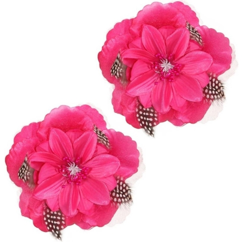 Set van 10x stuks roze speld Hawaii haarbloem met veertjes -