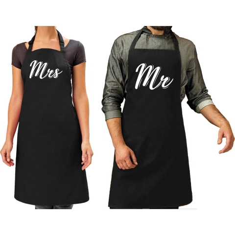 Mr en Mrs cursief cadeau schorten set zwart volwassenen - koppelcadeau bruiloft -