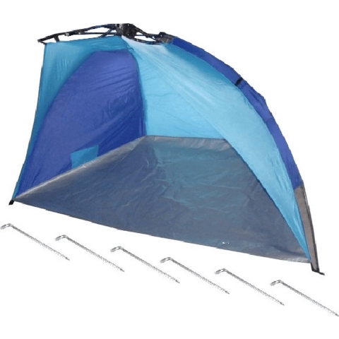Beachshelter strandtent/windscherm blauw/lichtblauw 200 x 100 cm paraplu opzet systeem incl haringen -