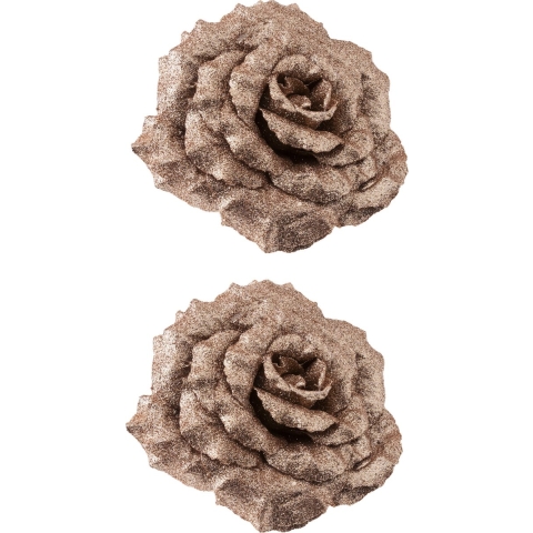 6x stuks decoratie bloemen roos champagne glitter op clip 18 cm -