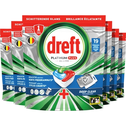 6x Dreft Vaatwastabletten Platinum Plus All In One Deep Clean 19 stuks