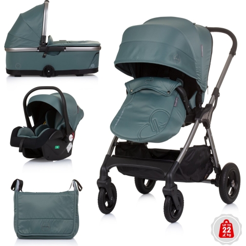 Chipolino Linea Opvouwbare 3 in 1 Kinderwagen met Reiswieg & Autostoel Obsidian