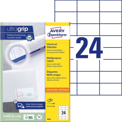 Avery-Zweckform 3474 Universele etiketten 70 x 37 mm Papier Wit 2400 stuk(s) Permanent hechtend Inkjet, Laser (zwart/wit), Laser (kleur), Kopiëren (zwart/wit),