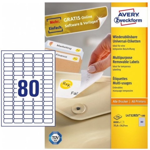 Avery-Zweckform L4732REV-100 Universele etiketten 35.6 x 16.9 mm Papier Wit 8000 stuk(s) Weer verwijderbaar Inkjet, Laser (zwart/wit), Laser (kleur), Kopiëren