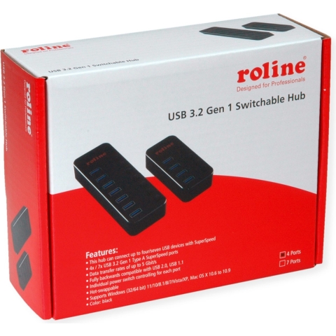 ROLINE USB 3.2 Gen 1 notebook hub, 4 poorten, individueel schakelbaar, zwart