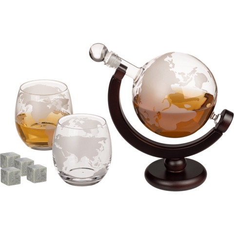 Whiskey karaf cadeau set - met 2 glazen en koelstenen - 850 ml - wereldbol -