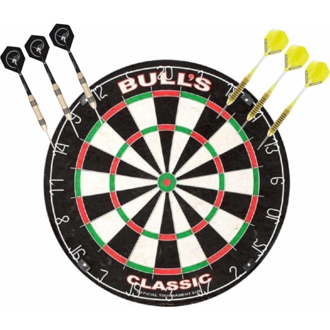 Dartbord Bulls The Classic met 2 sets dartpijlen 21 grams -