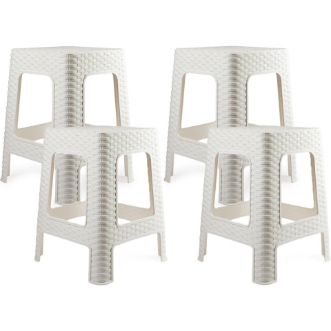 Plasticforte zit/bijzet krukje - 4x - Rotan line - wit - kunststof - 36 x 36 x 45 cm -