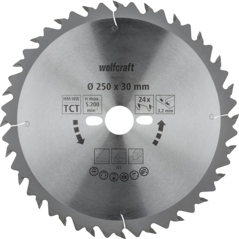 Wolfcraft HM Cirkelzaagblad | 24 td | Ø250 x 30 x 3,2mm | 1 stuk - 6660000