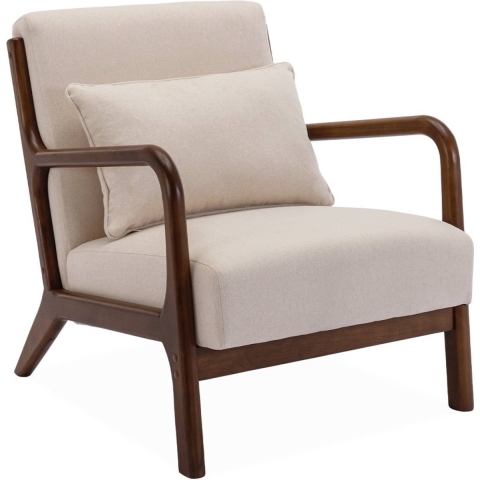 sweeek - Scandinavische fauteuil met beige stof en walnotenhout