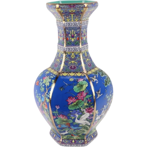 Fine Asianliving Chinese Vaas Bloemen Vogels Blauw