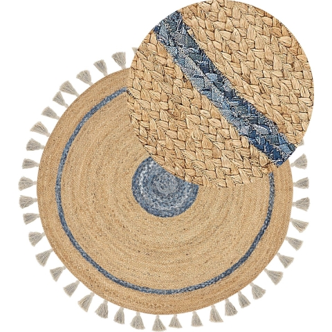 Beliani-OBAKOY-Laagpolig vloerkleed-Beige|Blauw-ø 140 cm-Jute