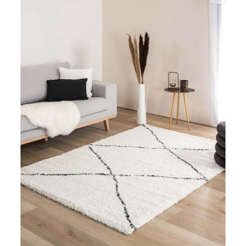 Boho&me Hoogpolig vloerkleed ruit Artisan - wit|zwart - 160x230 cm
