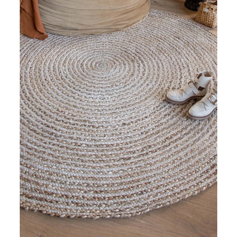 Boho&me Jute vloerkleed rond - Braided - wit|naturel - 120 cm rond