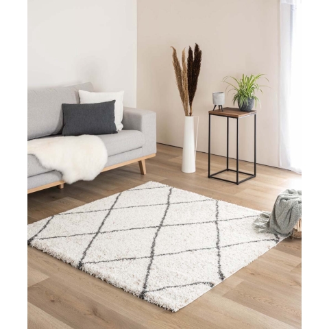 Boho&me Vierkant hoogpolig vloerkleed geruit Artisan - wit|grijs -