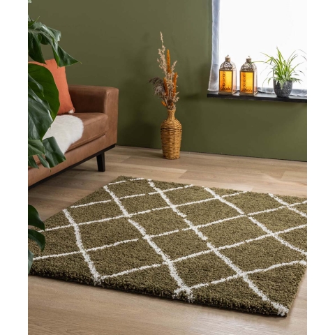 Boho&me Vierkant hoogpolig vloerkleed ruiten Artisan - olijfgroen|wit