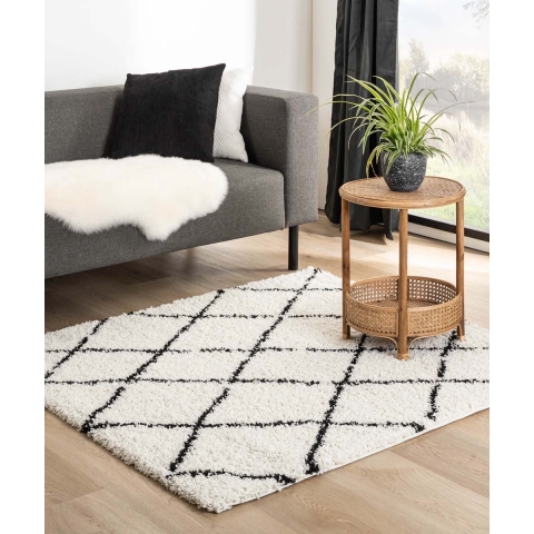 Boho&me Vierkant hoogpolig vloerkleed ruiten Habitat - wit|zwart -